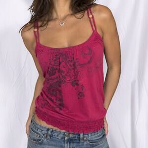 2000s Vanity Fuchsia Floral Print Smocked Hem Strappy Tank Top Size Medium